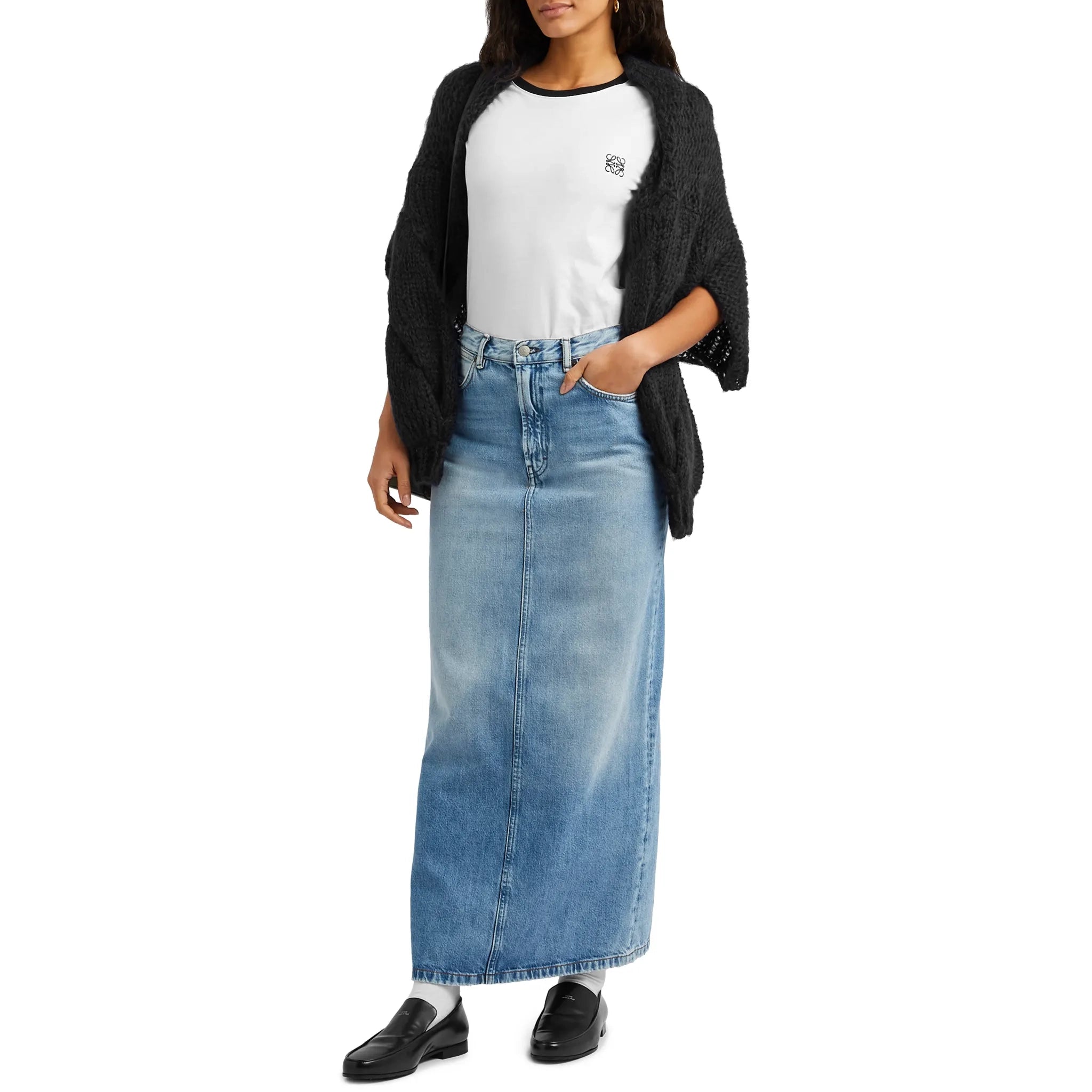 Model front view of Loewe Anagram Embroidered White Black T Shirt S359Y22X28-2101